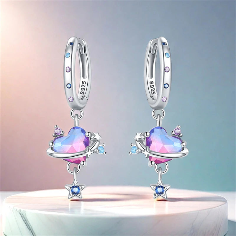 Adorable Color Heart Charm 925 Sterling Silver Hoop Earrings