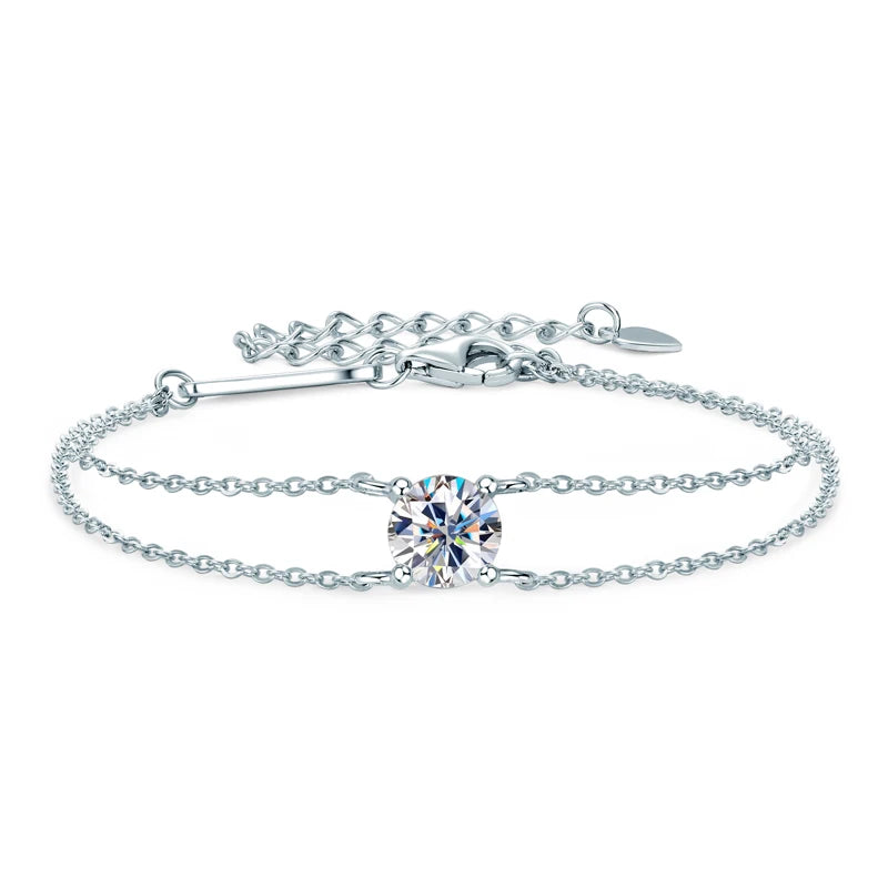 Elegant 1ct Certified Moissanite 925 Sterling Silver Double Chain Bracelet