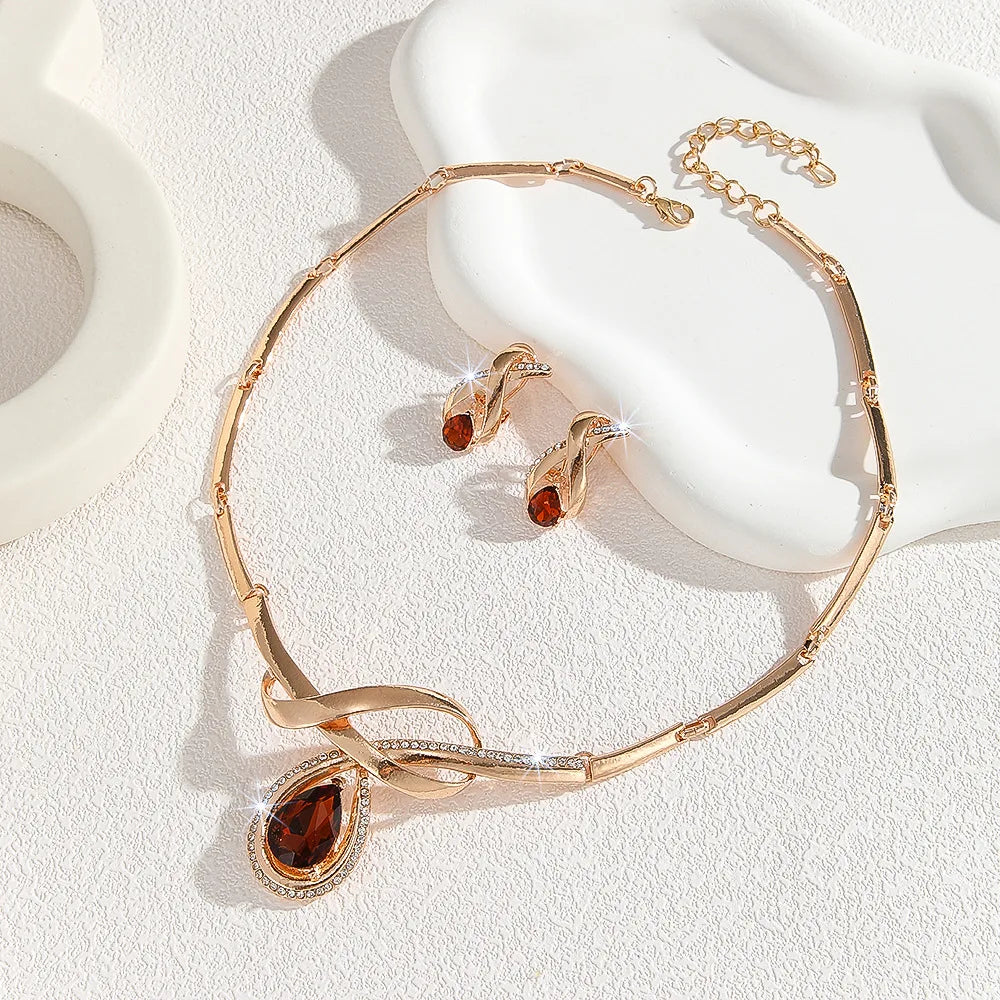 Luxury Gold Plated Dark Brown Crystal Necklace Earrings Jewelry Sets
