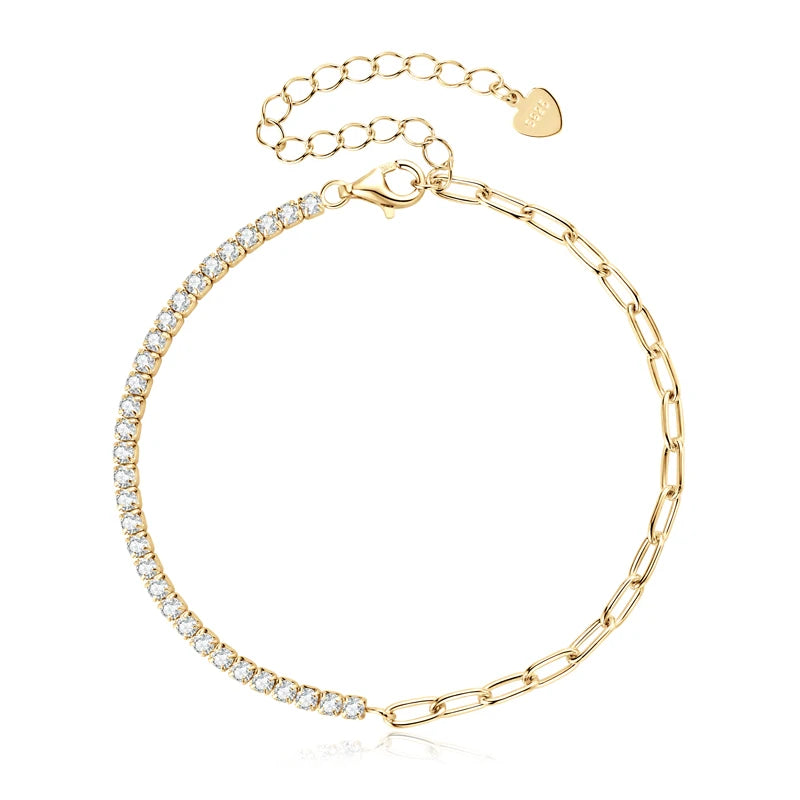 Delicate 2mm Moissanite 925 Sterling Silver Paperclip Chain Adjustable Bracelet