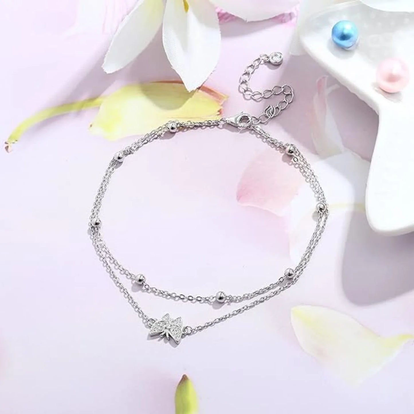 Delicate 925 Sterling Silver Layered Butterfly & Heart Beaded Adjustable Anklet