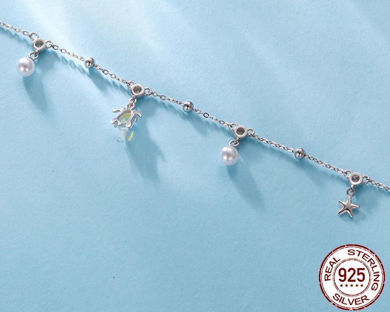 Graceful 925 Sterling Silver Sea Turtle Starfish Shell Charms Anklet