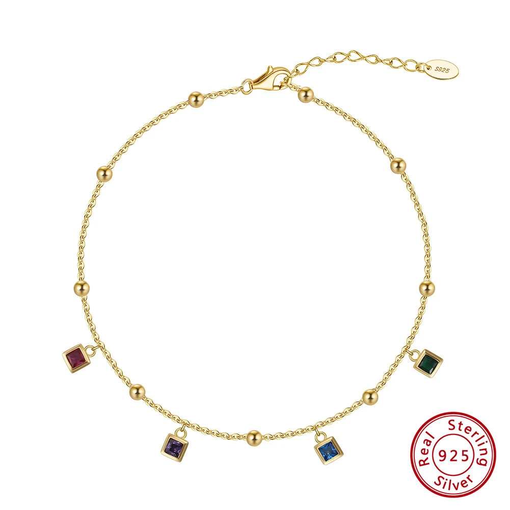 Vibrant Waterproof Colorful Cubic Zirconia 925 Sterling Silver Anklet Bracelet