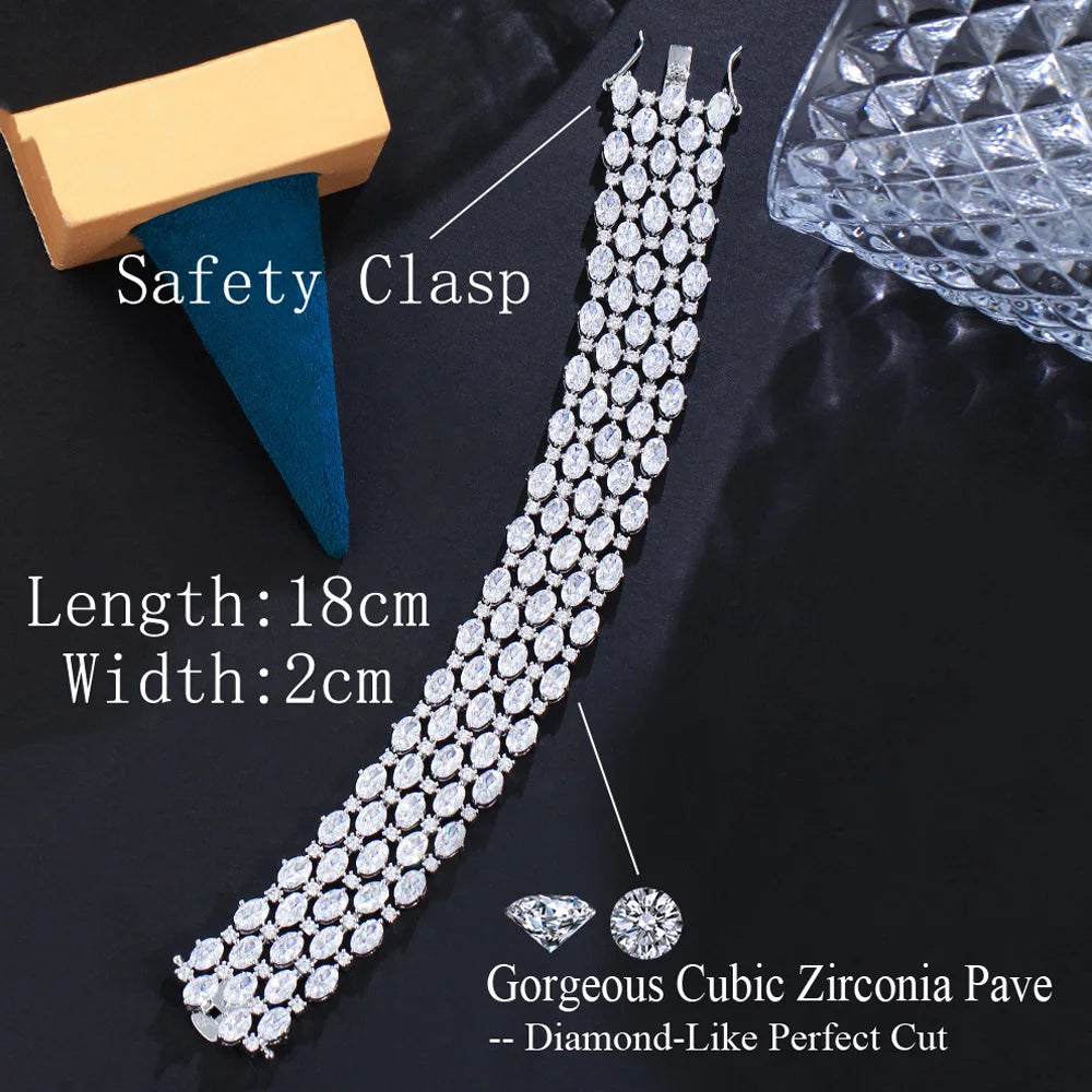 Glamorous Sparkly Cubic Zirconia Silver-Tone Wide Statement Bracelet