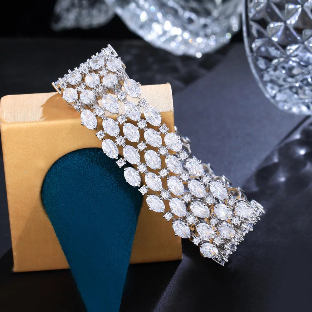 Glamorous Sparkly Cubic Zirconia Silver-Tone Wide Statement Bracelet
