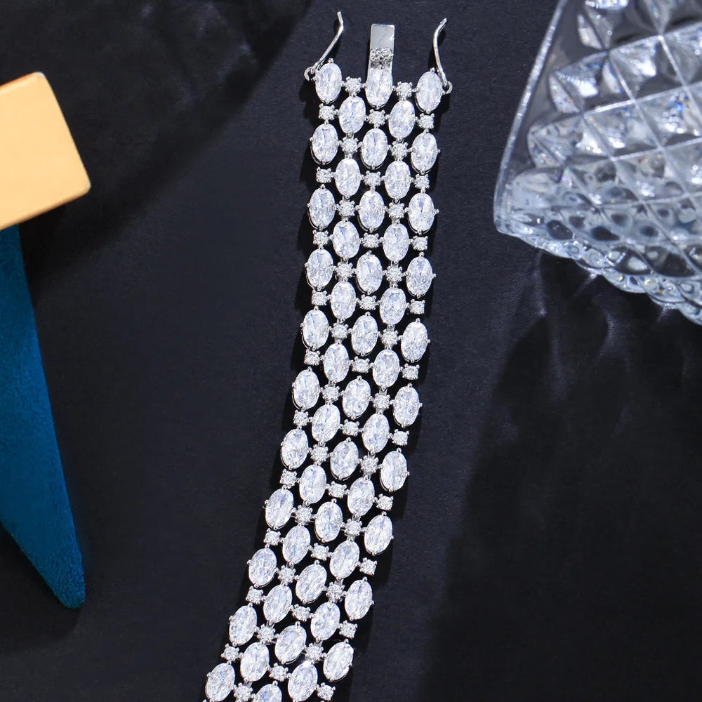 Glamorous Sparkly Cubic Zirconia Silver-Tone Wide Statement Bracelet