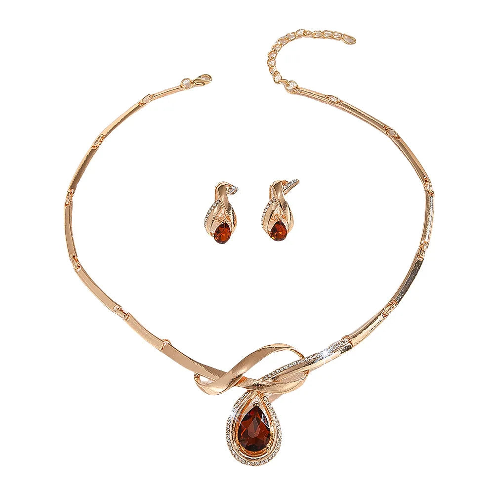 Luxury Gold Plated Dark Brown Crystal Necklace Earrings Jewelry Sets