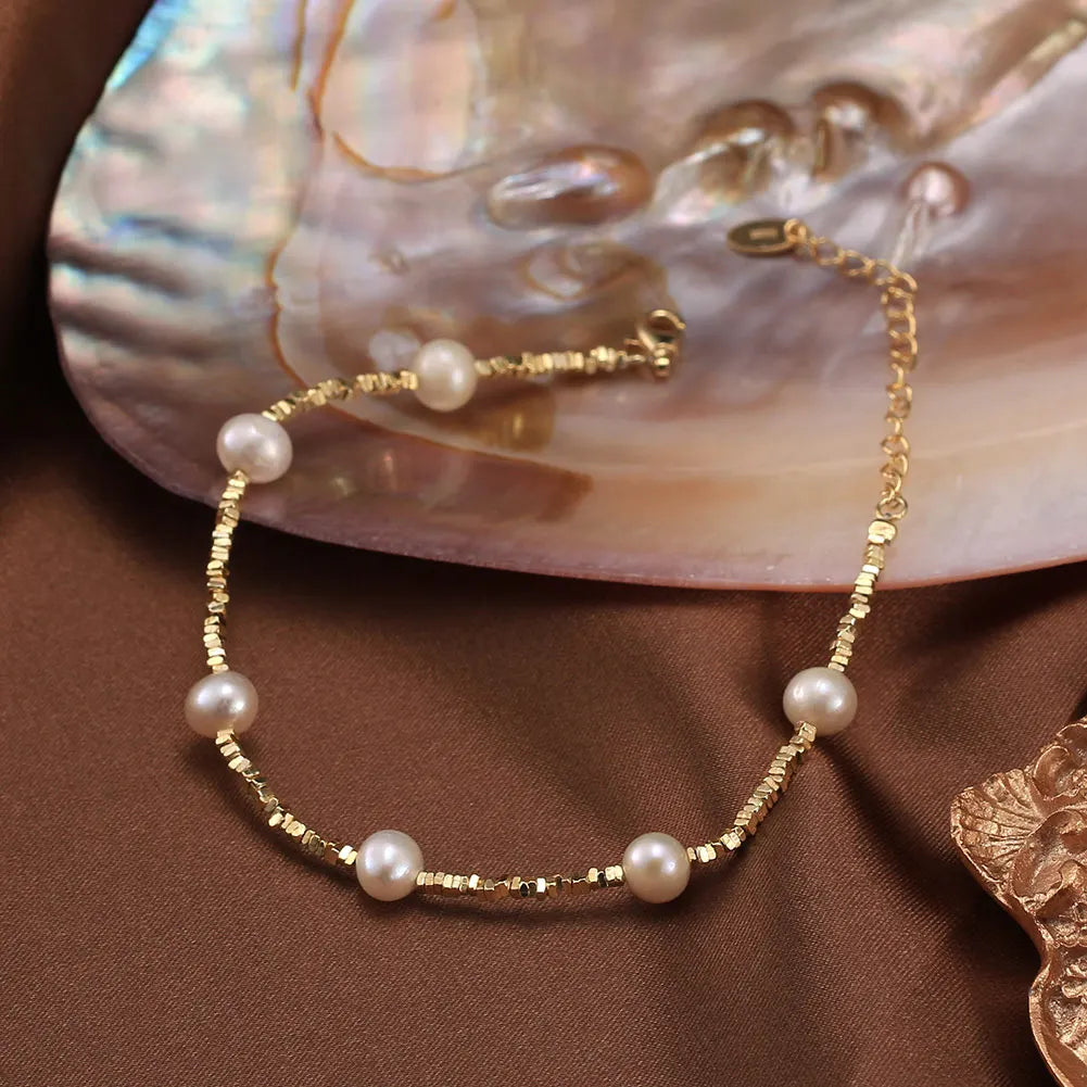 Elegant 14K Gold-Plated 925 Sterling Silver Freshwater Pearl & 5A CZ Chain Bracelet