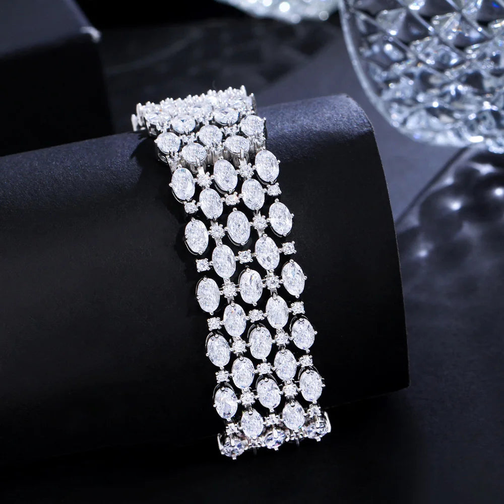 Glamorous Sparkly Cubic Zirconia Silver-Tone Wide Statement Bracelet
