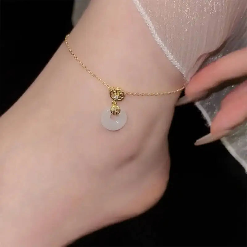 Elegant Zircon Circular Ping Buckle Character Pendant Anklet