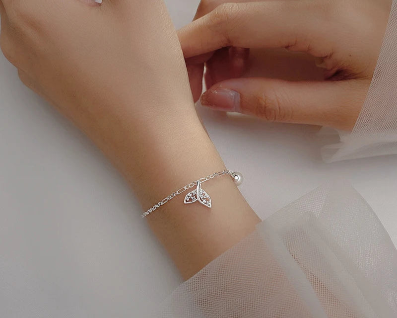 Delicate 925 Sterling Silver Pearl Bead Bracelet & Adjustable Figaro Chain Anklet with Mermaid Tail Charm