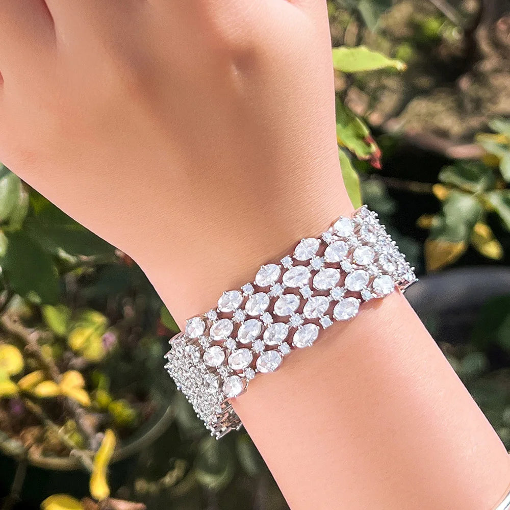 Glamorous Sparkly Cubic Zirconia Silver-Tone Wide Statement Bracelet