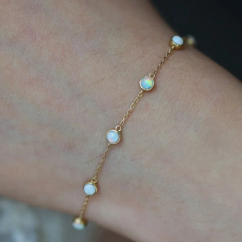Minimalist 925 Sterling Silver Round Opal 18K Gold Chain Bracelet
