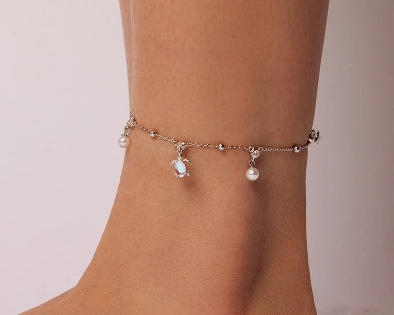 Charming 925 Sterling Silver Turtle Shell Beach Anklet