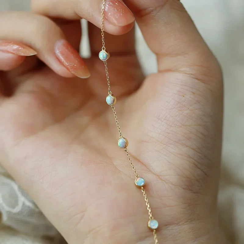 Minimalist 925 Sterling Silver Round Opal 18K Gold Chain Bracelet