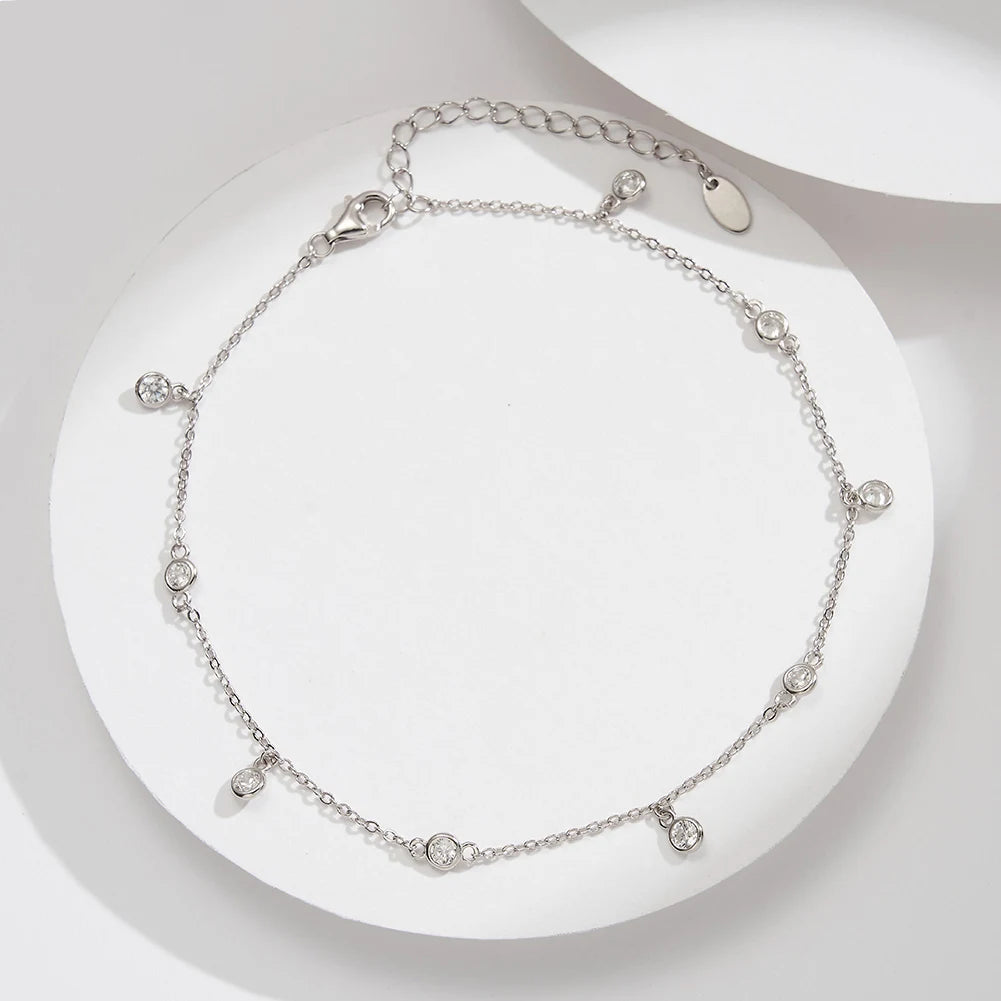 Classic 925 Sterling Silver With Round Zircon Adjustable Anklet