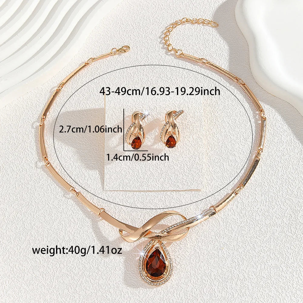 Luxury Gold Plated Dark Brown Crystal Necklace Earrings Jewelry Sets