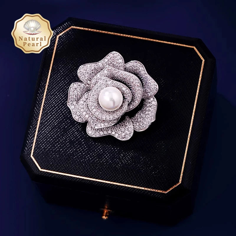 Sparkling Freshwater Pearl in 3D Flower Design Brooch
