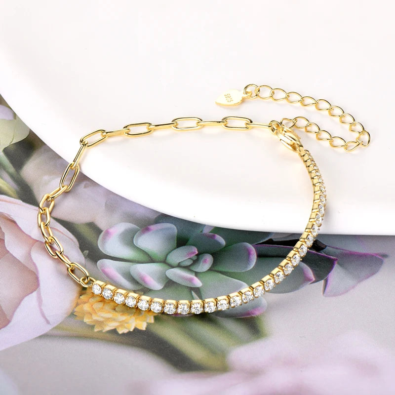 Delicate 2mm Moissanite 925 Sterling Silver Paperclip Chain Adjustable Bracelet