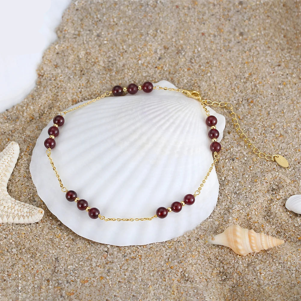 Delicate Genuine Beaded Garnet Anklet