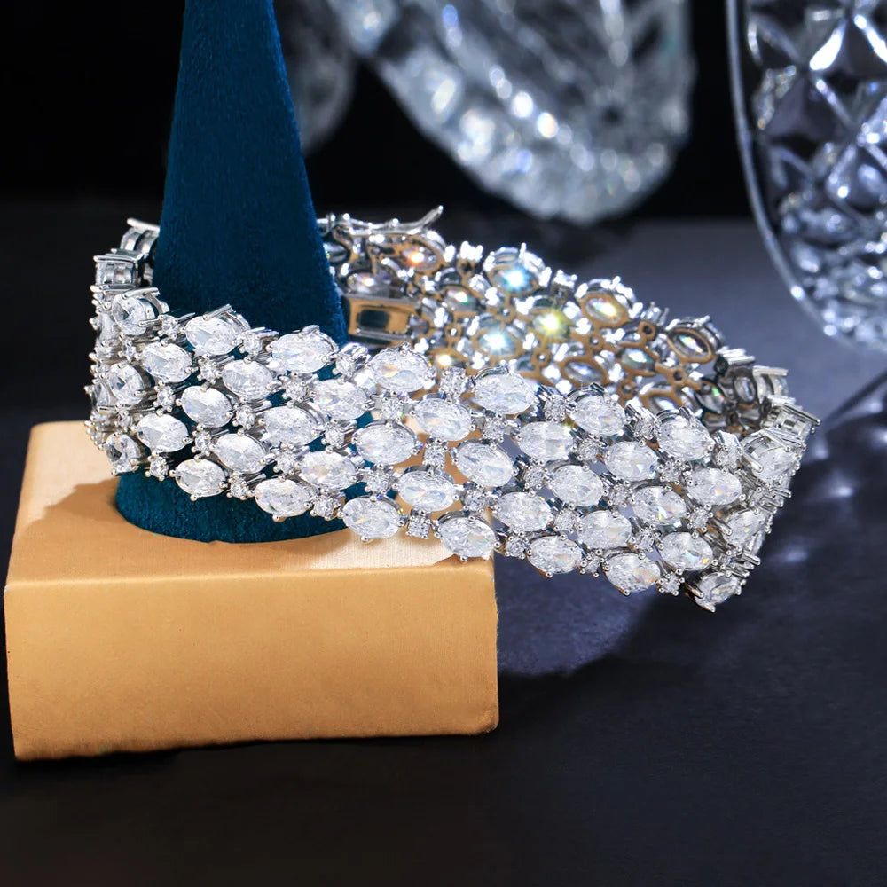 Glamorous Sparkly Cubic Zirconia Silver-Tone Wide Statement Bracelet