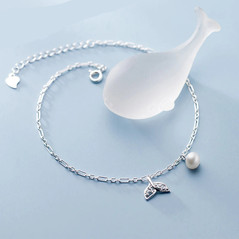 Delicate 925 Sterling Silver Pearl Bead Bracelet & Adjustable Figaro Chain Anklet with Mermaid Tail Charm