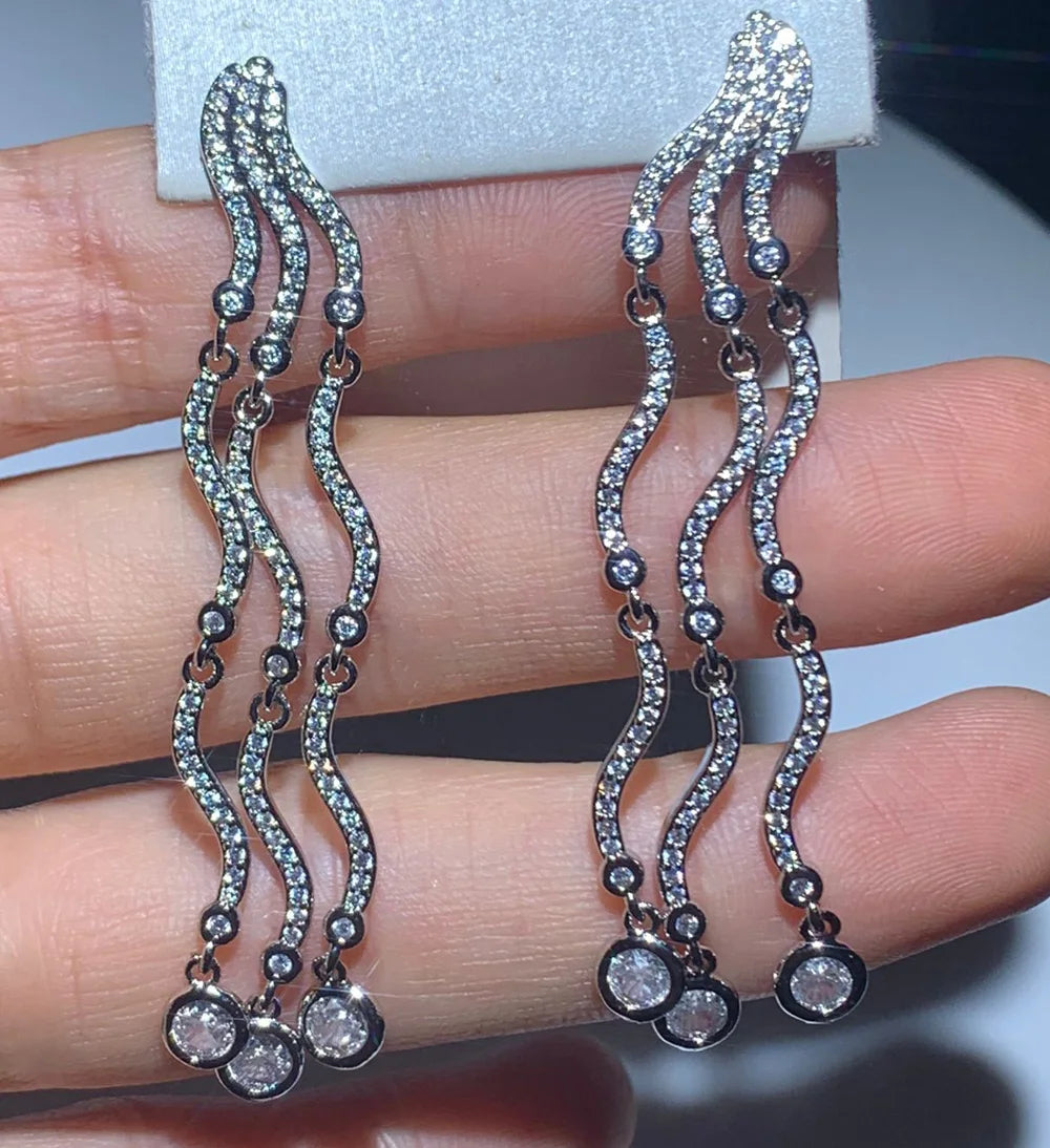 Shiny Wave Shape Long Dangle Earrings