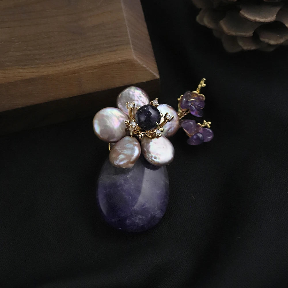 Luxurious Natural Pearl Amethyst Baroque Flower Branch Brooch