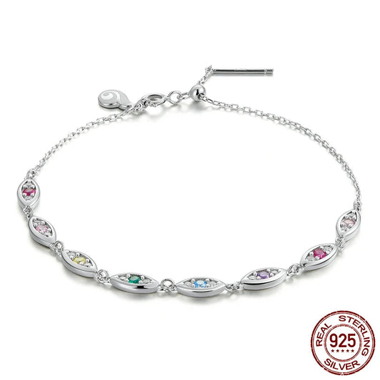 Vibrant 925 Sterling Silver Rainbow Evil Eye Charm Bracelet