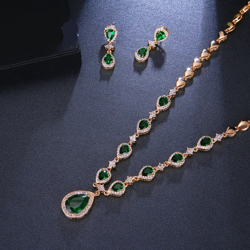 Charming Green Waterdrop Zirconia Earrings And Necklace Jewelry Sets
