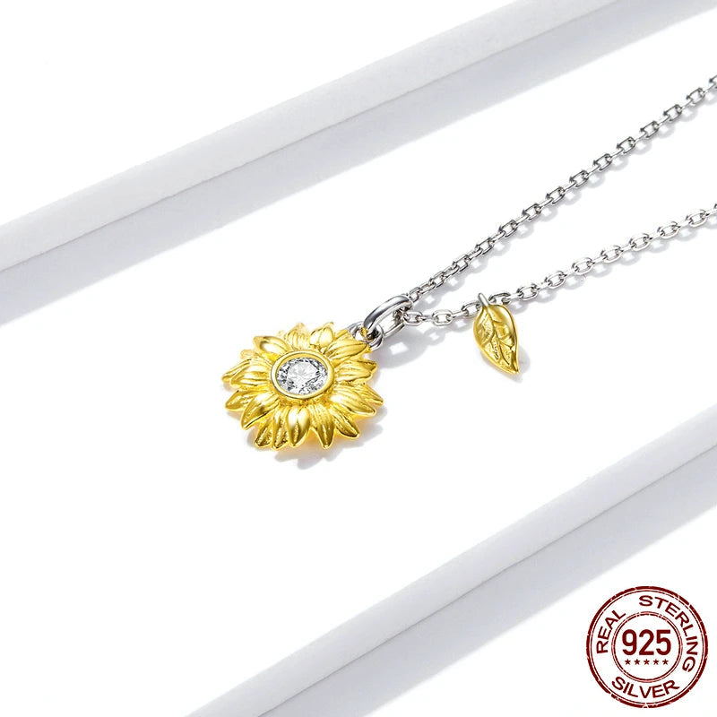 Stylish 925 Sterling Silver Sunflower Long Chain Link Necklace