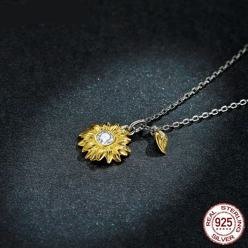 Stylish 925 Sterling Silver Sunflower Long Chain Link Necklace