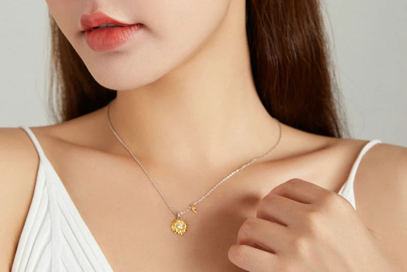 Stylish 925 Sterling Silver Sunflower Long Chain Link Necklace