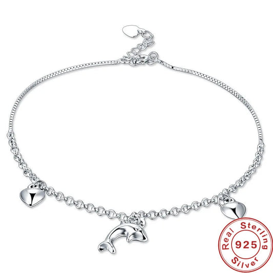 Cute 925 Silver Dolphin Heart Pendant Anklet