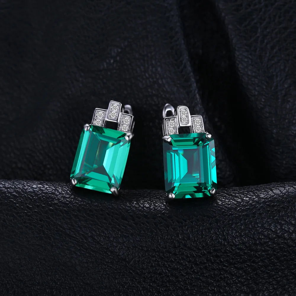 Elegant Green Simulated Emerald 925 Sterling Silver Clip Earrings