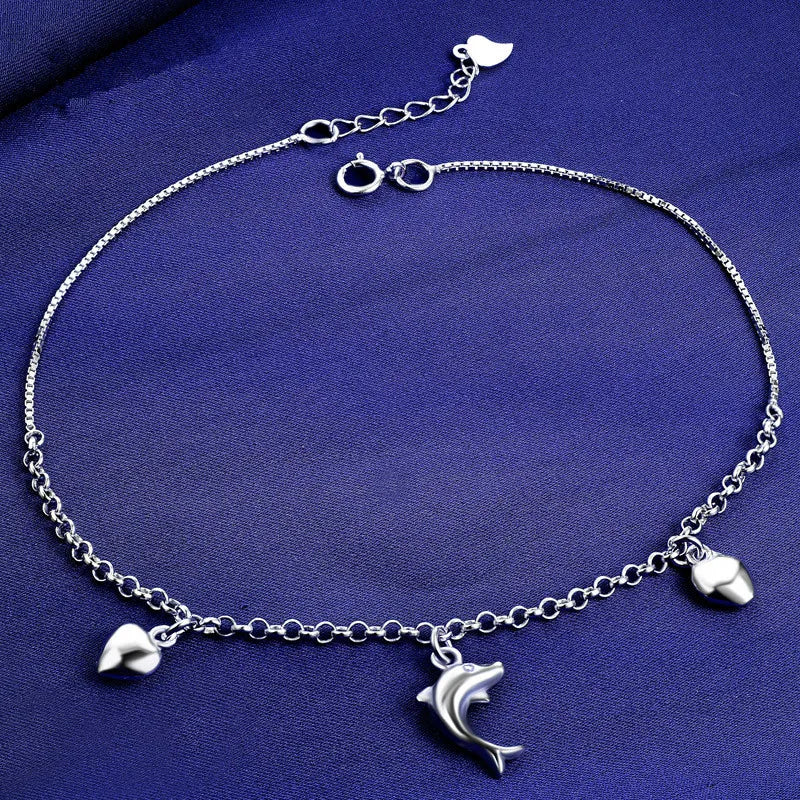 Cute 925 Silver Dolphin Heart Pendant Anklet