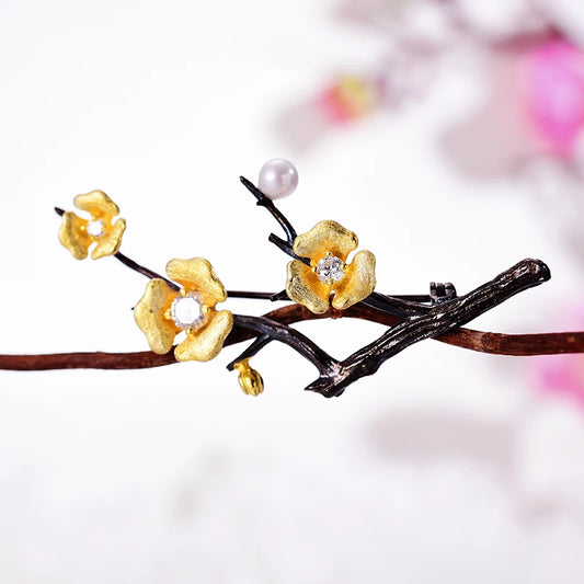 Delicate Handmade 925 Sterling Silver Plum Blossom Flower Brooch