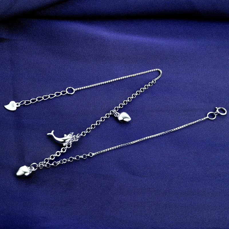 Cute 925 Silver Dolphin Heart Pendant Anklet