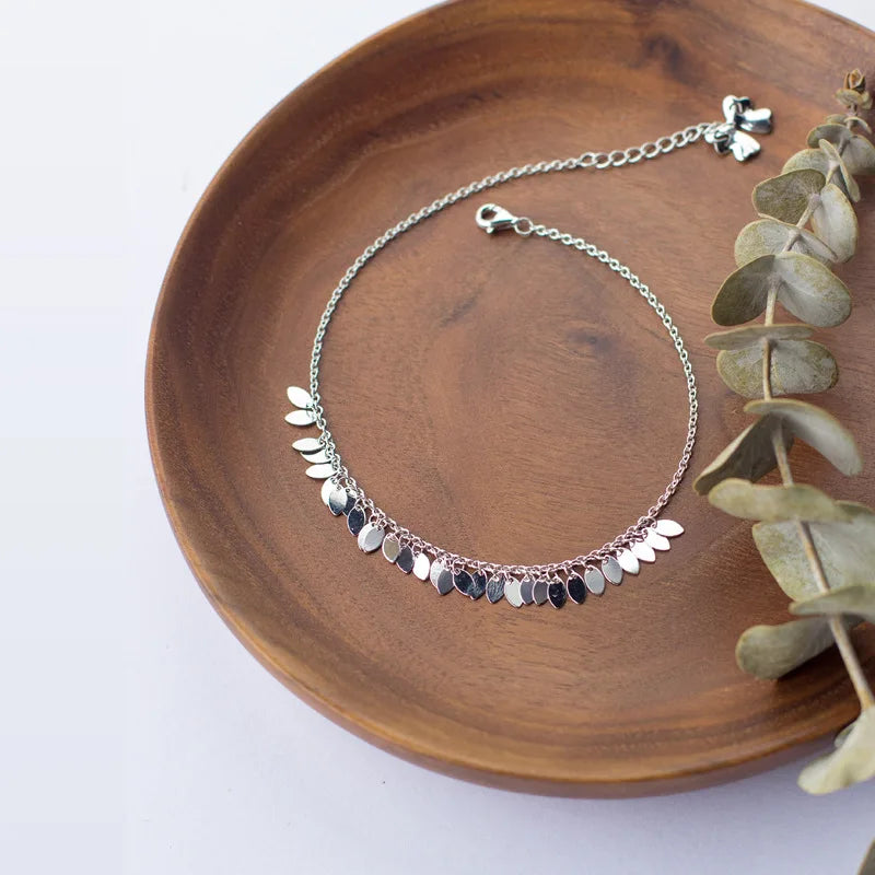 Graceful 925 Sterling Silver Oval Leaf Tassel Bracelet Anklet