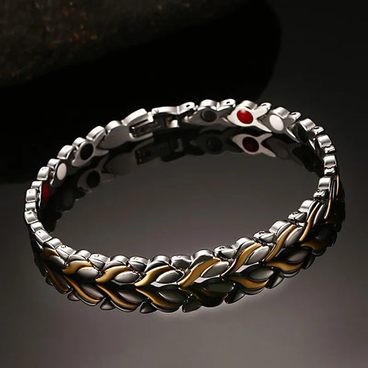 Sleek Gold-Tone Magnetic Health Energy Germanium Stainless Steel Waterproof Bracelet