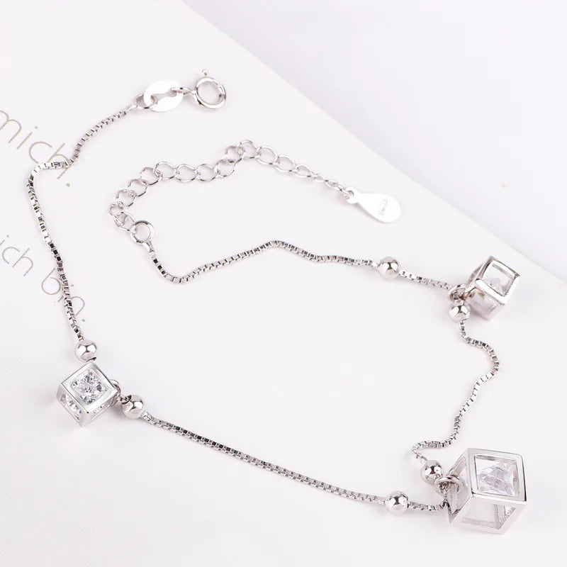 Timeless 925 Sterling Silver Cubic Zirconia Crystal Anklet