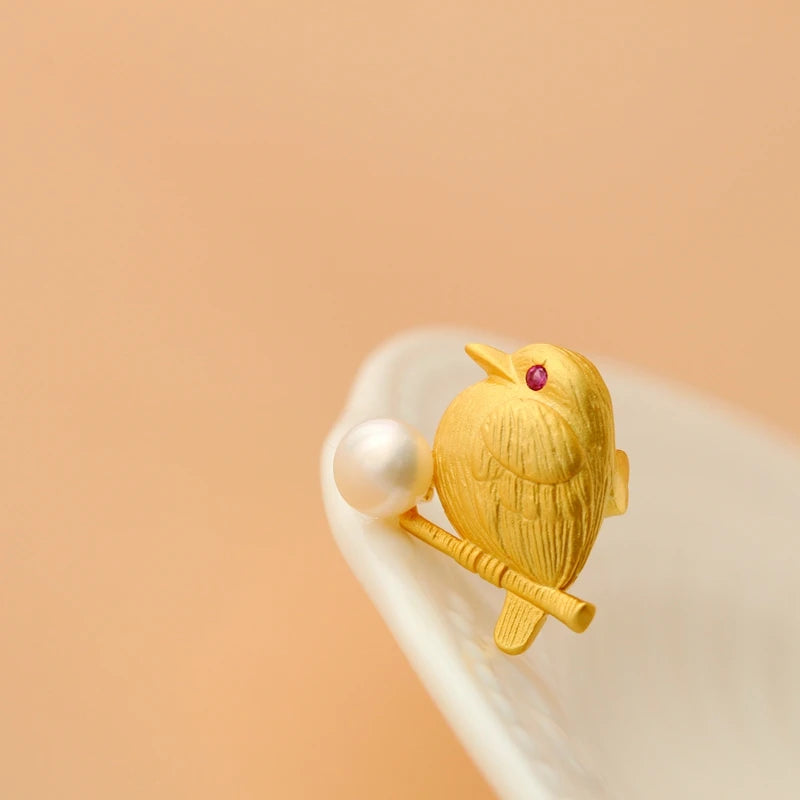 Authentic 925 Sterling Silver 18K Gold Plated Little Birds Brooch