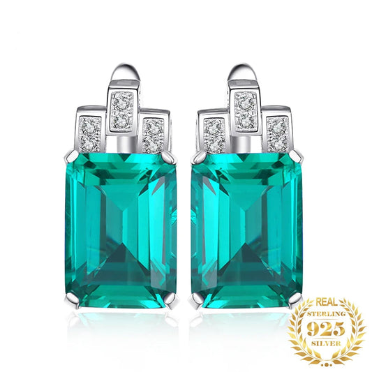 Elegant Green Simulated Emerald 925 Sterling Silver Clip Earrings