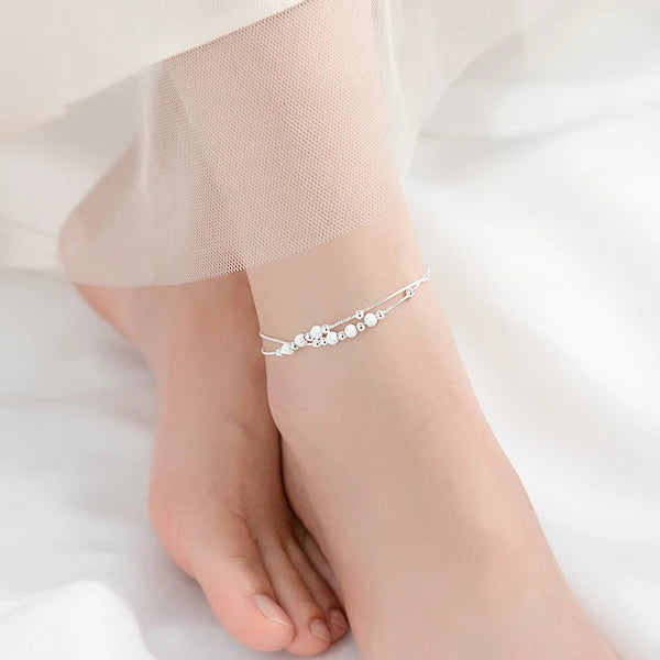 Versatile Sterling Silver 925 Rose Gold Color Frosted Ball Light Beads Anklet