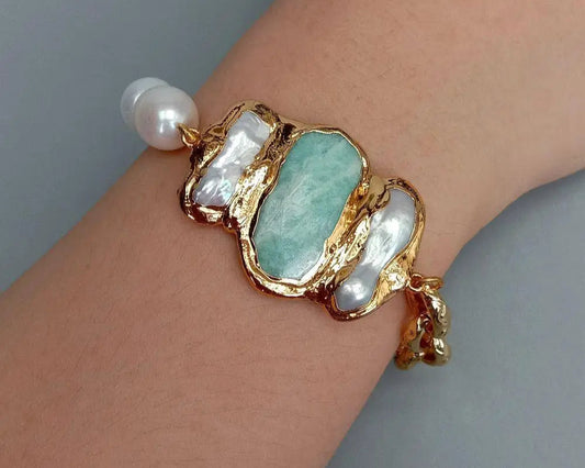 Artistic Natural Cultured White Rice Pearl Amazonite  Pearl Chain Bracelet