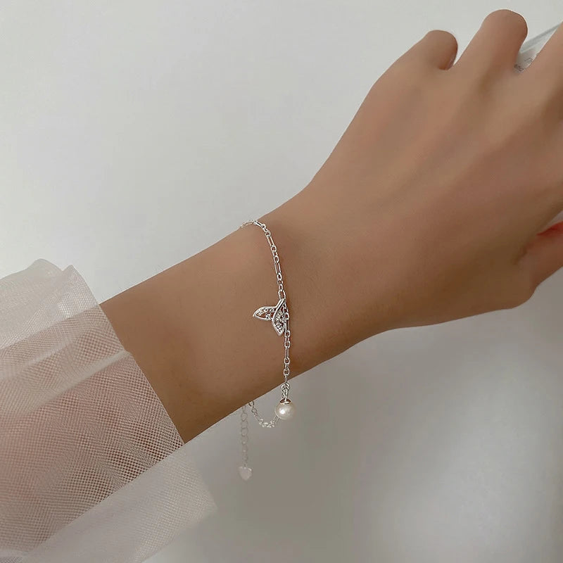 Elegant 925 Sterling Silver Mermaid Tail With Charms Adjustable Anklet