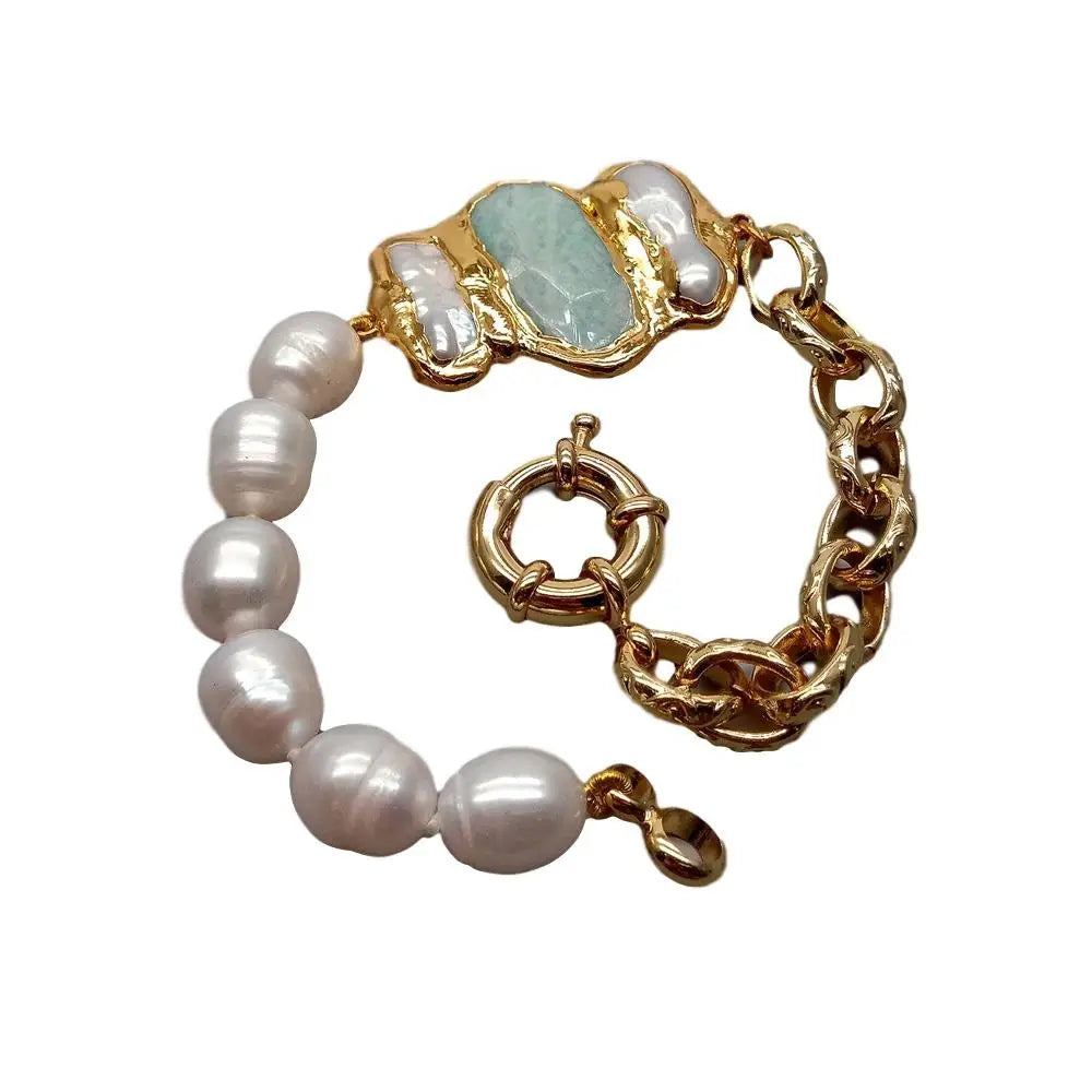 Artistic Natural Cultured White Rice Pearl Amazonite  Pearl Chain Bracelet