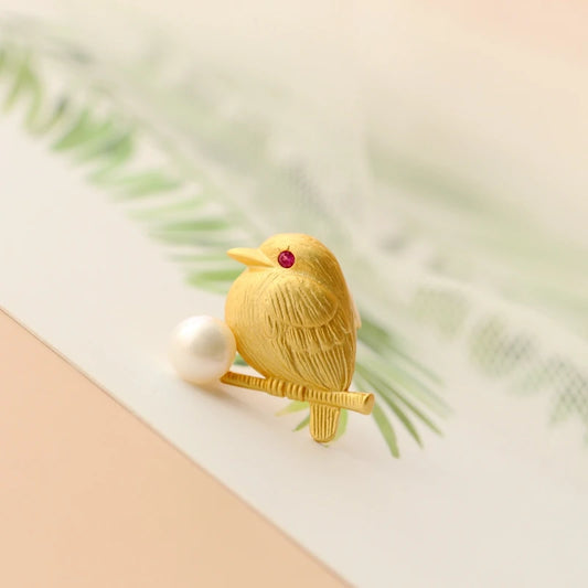 Authentic 925 Sterling Silver 18K Gold Plated Little Birds Brooch