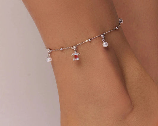 Graceful 925 Sterling Silver Sea Turtle Starfish Shell Charms Anklet