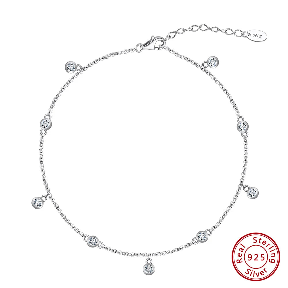 Classic 925 Sterling Silver With Round Zircon Adjustable Anklet